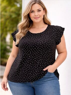 Adrianna Papell Women's Top Size 3X Plus Black Polka Dot Stretch Flutter Sleeve